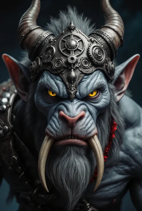 The hyper-realistic image depicts a highly detailed, menacing creature with a rugged, otherworldly appearance. Its face is adorned with intricate metallic and organic elements, including a prominent headpiece with gears and ornate designs. The creature has...
