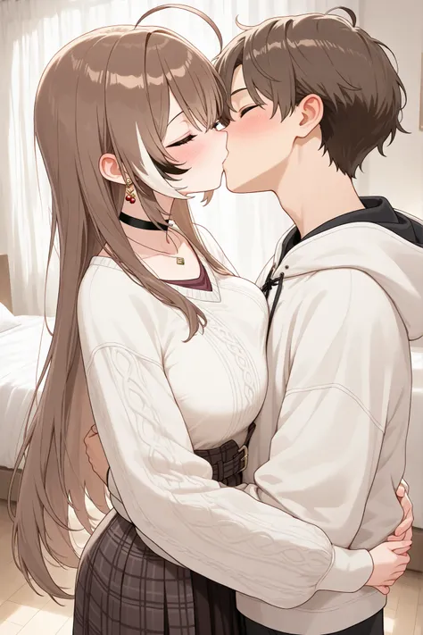 {{{masterpiece}}}, {{{best quality}}}, {{ultra-detailed}}, (detailed skin texture), ccmumei, long hair, streaked hair, brown hair, ahoge, earrings, closed eyes, black choker, necklace, white hoodie, long sleeves, long skirt, plaid skirt, brown skirt, lar...