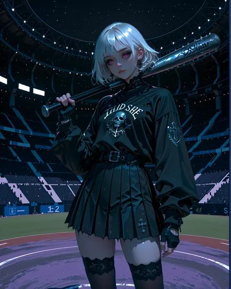 Gothic fantasy anime-style illustration. A beautiful pale-skinned girl with long, flowing white hair stands in a dramatic batting pose inside a shadowy baseball stadium under the night sky. She wears a gothic-inspired baseball uniform — a fitted black jers...
