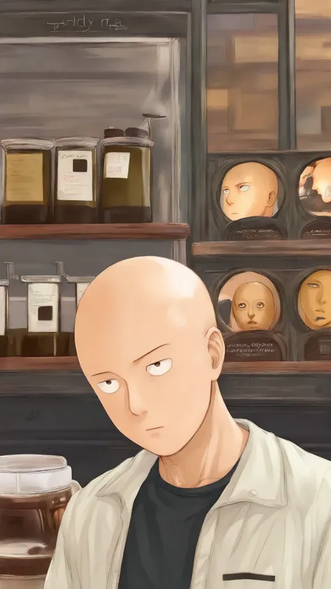 Super Detailed, absolute resolution, masterpiece. 
male, Saitama Prefecture, Bald, brown eyes, He's a barista, ((wearing barista attire:1.2)), ((broken espresso machine:1.1)), ((messy coffee shop bar:1.2)), very delicate depiction, very clear image, bold a...