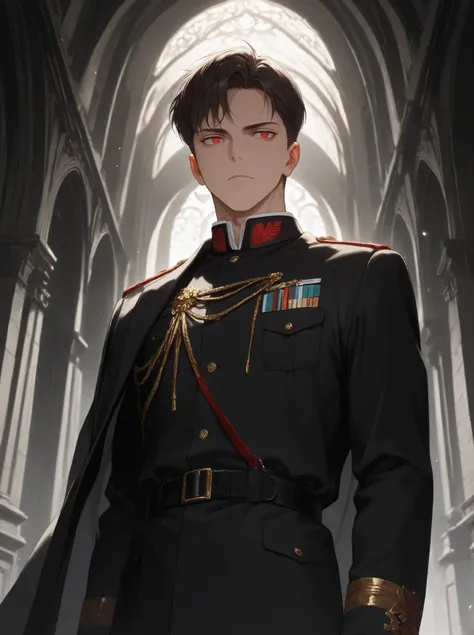 masterpiece, good resolution, good quality, newest. good anatomy, good lighting, safe. Adult Male, I bet, anime. Dark brown hair, short hair, military hairstyle.  DEEP RED EYES . piel clara, slim build,  muscular figure . He Is 58 Years Old, He measures 1'...