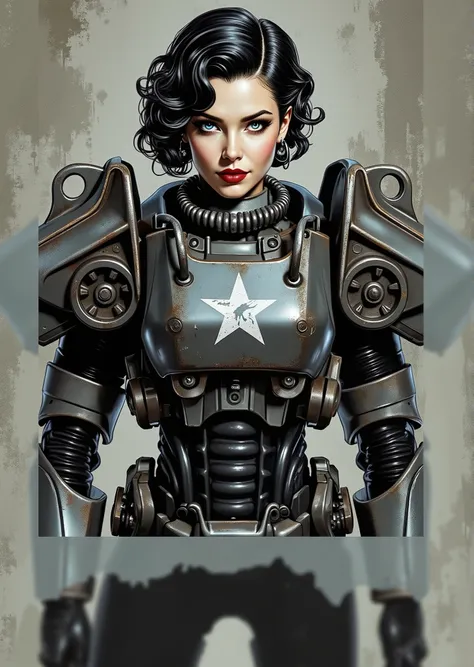 full body shot, armor, t60, robot, An extremely detailed comic book illustration depicting a stunningly beautiful character portrayed by youthful baby faced Gene Tierney nineteen years old wearing a retro 50s T-60 power armor mechanized combat suit from th...