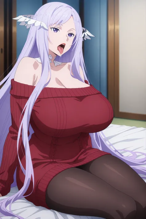newest , masterpiece , anime screencap , anime coloring , quinella, 1girl, Mature Female, long hair, light purple hair, purple eyes, huge breast, big butt, ((off shoulder , off-shoulder dress , off-shoulder sweater , pantyhose , red sweater , sweater , sw...