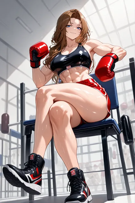 1girl, solo, mature woman, milf, RodionLimbus, long hair, brown hair, blue eyes medium breasts, muscular, thicc thighs, thick legs, light smirk, alternate costume, boxing gloves, sports bra, red shorts, black sneakers, boxer outfit, crossed legs (sitting),...