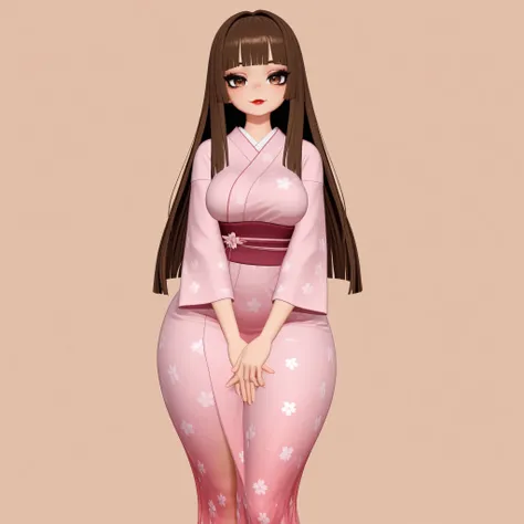 masterpiece, ultra-HD, impressionism, high detail, best quality, very aesthetic, 8k, best quality, beautiful, VRChatStyle, 3D, 1girl, solo, very long brown hair, blunt bangs, hime cut, almond-shaped eyes, brown eyes, eyelashes, black eyeliner, red lips, me...