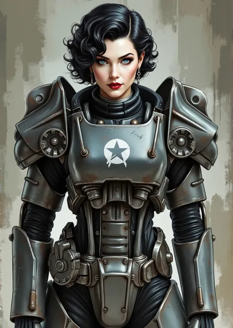 full body shot, armor, t60, robot, An extremely detailed comic book illustration depicting a stunningly beautiful character portrayed by youthful baby faced Gene Tierney nineteen years old wearing a retro 50s T-60 power armor mechanized combat suit from th...