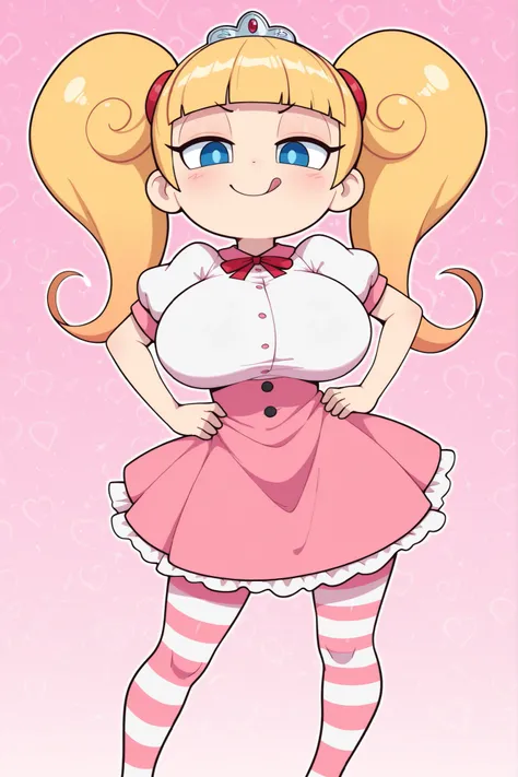 high definition, amazing quality, best quality, very aesthetic, masterpiece, absurdres, demandi, 1girl, blonde hair, twintails, blue eyes, shortstack, dress, striped pantyhose, pink pantyhose, flat color, cartoony, looking at viewer, hands on own hips, sm...