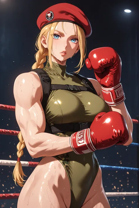 score_9, score_8_up, score_7_up, BREAK, score_9,  cammySDXL, 1girl, solo, long hair, breasts, looking at viewer, blue eyes, blonde hair, boxing gloves, hat, standing, braid, leotard, lips, muscular, sweating, beret, highleg, red headwear, highleg leotard, ...