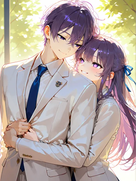 Masterpiece, cute, romantic, high resolution, two people, couple, student, height difference, different fashion, happy, smiling, love, birthday, celebration, hugging from behind, gratitude, male characteristics (white blazer, navy blue tie, short hair, man...