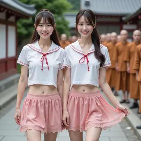 The top quality realistic focused 16k resolution RAW photo, The two beautiful A slender Japanese woman was photographed in a circular shape from head to toe in a cropped white sailor suit, The background shows ascetic monks with shaved heads walking in lin...