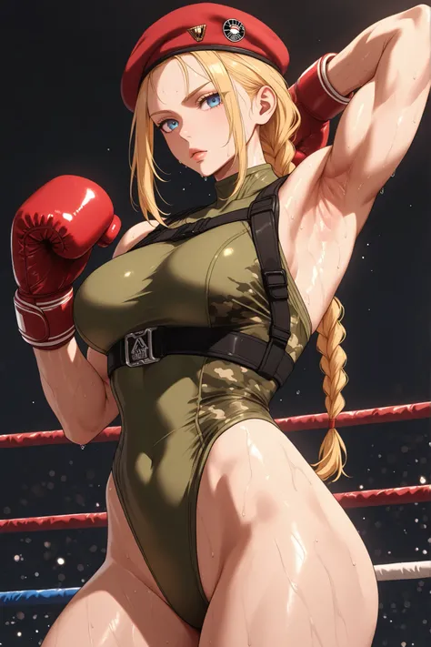 score_9, score_8_up, score_7_up, BREAK, score_9,  cammySDXL, 1girl, solo, long hair, breasts, looking at viewer, blue eyes, blonde hair, boxing gloves, hat, standing, braid, leotard, lips, muscular, armpit, armpit muscle, sweating, beret, highleg, red head...
