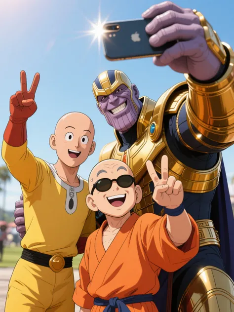 (Ultra-high resolution, hyper-detailed, photorealistic CGI for Thanos and Saitama, classic Toei Animation style for Master Roshi, 1980s Dragon Ball color palette, clean line art, vibrant flat colors) — A close-up selfie of Thanos, Saitama, and Master Roshi together on “Bald Day.” Thanos, in full golden armor, holds an iPhone close to the camera lens with his massive hand, smiling warmly as he takes the shot. Beside him, Saitama in his yellow hero suit grins playfully, raising a victory sign with one hand. Master Roshi, drawn in nostalgic Toei Animation style with bold outlines and bright flat colors, wears his classic orange martial arts gi and sunglasses, smiling wide and holding up a peace sign. All three bald heads gleam with soft starburst reflections, and the blurred background suggests a sunny open space. The mix of styles—cinematic realism for Thanos and Saitama, vintage anime for Roshi—creates a hilarious and unique cross-universe selfie.

