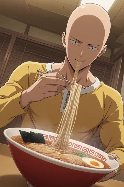 masterpiece,best quality,amazing quality,very aesthetic,absurdres,newest,1boy, saitama_(one-punch_man), eating ramen, ramen shop, dynamic angle
,anime screencap,anime coloring,anime screenshot