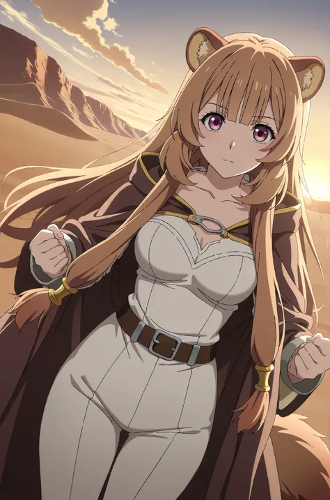 masterpiece, source_anime, anime_screencap, anime coloring, score_anime, best quality, flat color, vector art, BREAK, Raphtalia, brown hair, long hair, long sidelocks, racoon ears, racoon tail, racoon woman, soft pink eyes, beautiful eyes, detailed eyes, (...