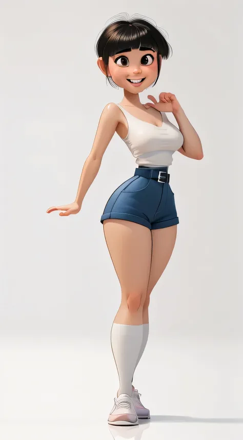 Agnes Gru as a stylish cartoon character, 21 years old, big breasts, SMALL WAIST, manos perfectas, ultra realistic digital art style,  a 3D rendering , Photorealism, clean scene, white background, white wall, shiny floor , white floor