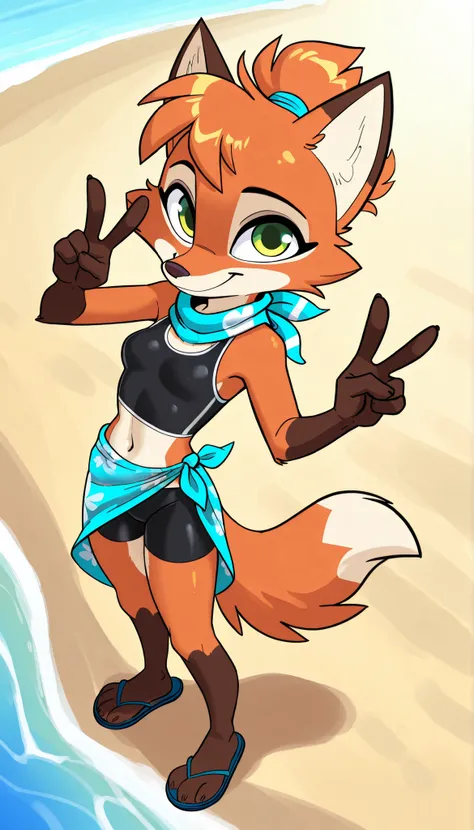 score_9, score_8_up, score_7_up, 1girl, source furry, absurdres, masterpiece, best quality, amazing quality, siroc, solo, dynamic angle, beach, fleetfox, furry, fox, orange fur, green eyes, female, short hair, fleetSummer, black tankini, midriff, black bik...
