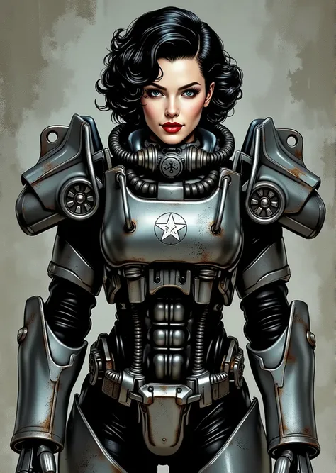 full body shot, armor, t60, robot, An extremely detailed comic book illustration depicting a stunningly beautiful character portrayed by youthful baby faced Gene Tierney nineteen years old wearing a retro 50s T-60 power armor mechanized combat suit from th...