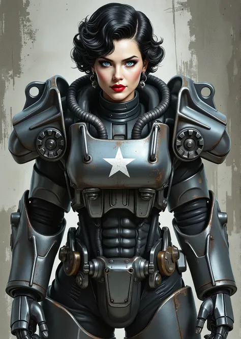 full body shot, armor, t60, robot, An extremely detailed comic book illustration depicting a stunningly beautiful character portrayed by youthful baby faced Gene Tierney nineteen years old wearing a retro 50s T-60 power armor mechanized combat suit from th...