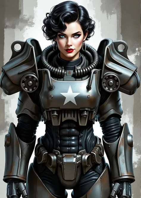 full body shot, armor, t60, robot, An extremely detailed comic book illustration depicting a stunningly beautiful character portrayed by youthful baby faced Gene Tierney nineteen years old wearing a retro 50s T-60 power armor mechanized combat suit from th...