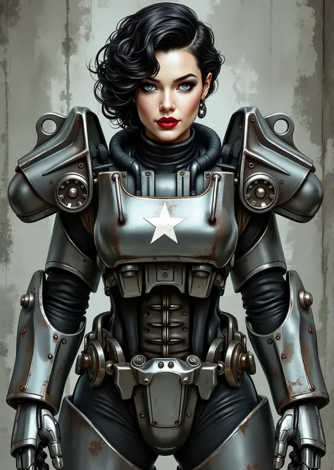 full body shot, armor, t60, robot, An extremely detailed comic book illustration depicting a stunningly beautiful character portrayed by youthful baby faced Gene Tierney nineteen years old wearing a retro 50s T-60 power armor mechanized combat suit from th...