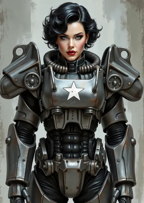 full body shot, armor, t60, robot, An extremely detailed comic book illustration depicting a stunningly beautiful character portrayed by youthful baby faced Gene Tierney nineteen years old wearing a retro 50s T-60 power armor mechanized combat suit from th...