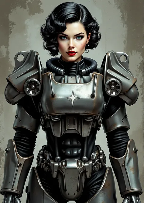 full body shot, armor, t60, robot, An extremely detailed comic book illustration depicting a stunningly beautiful character portrayed by youthful baby faced Gene Tierney nineteen years old wearing a retro 50s T-60 power armor mechanized combat suit from th...