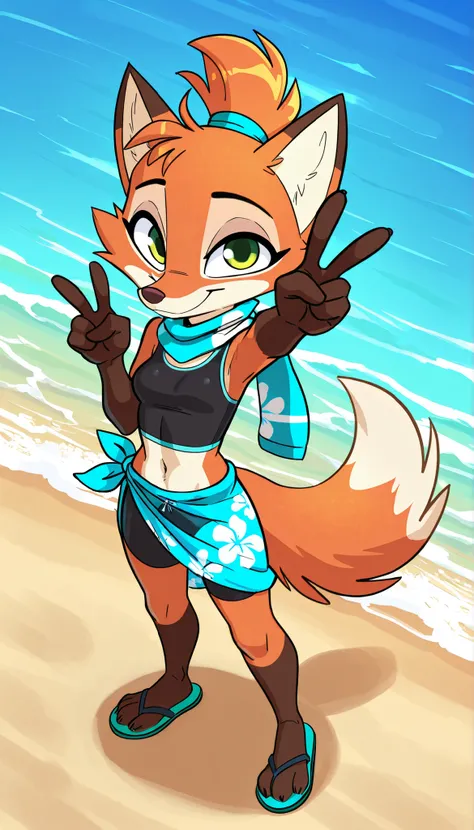 score_9, score_8_up, score_7_up, 1girl, source furry, absurdres, masterpiece, best quality, amazing quality, siroc, solo, dynamic angle, beach, fleetfox, furry, fox, orange fur, green eyes, female, short hair, fleetSummer, black tankini, midriff, black bik...