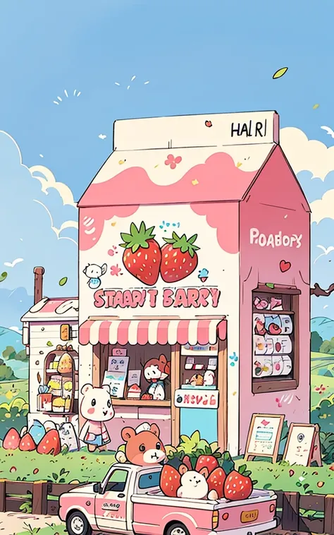 A cute cartoon illustration of a strawberry shop shaped like a pink milk carton. Little white cartoon bears are running the shop. A pink pickup truck is parked in front, filled with giant strawberries. The scene is in a sunny, idyllic countryside with a blue sky. The style is 2D, with clean line art and flat pastel colors.