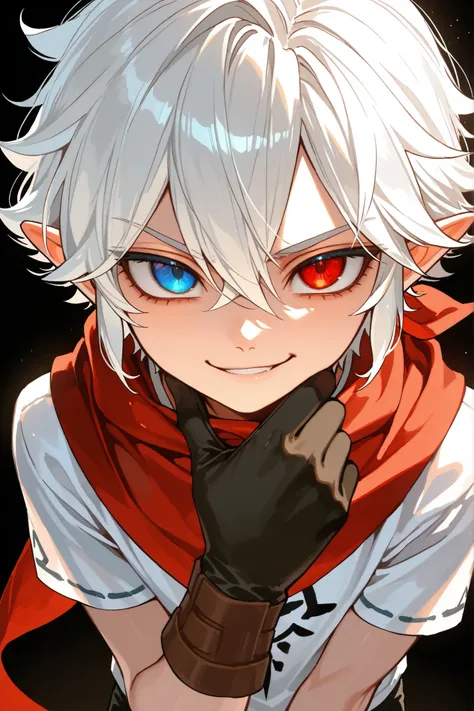 Alone, 1 , young boy, 18 years old, androgynous boy, facing the viewer, white hair, red eyes, Emma's hairstyle in The Promise Neverland, blue eyes, perfect anatomy, adventure, similar to Link from The Legend of Zelda, fierce face, provocative face, medium ...