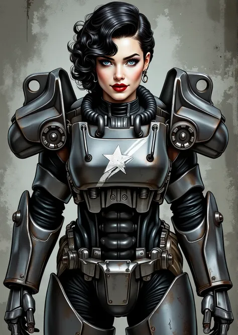 full body shot, armor, t60, robot, An extremely detailed comic book illustration depicting a stunningly beautiful character portrayed by youthful baby faced Gene Tierney tween wearing a retro 50s T-60 power armor mechanized combat suit from the Fallout Vid...