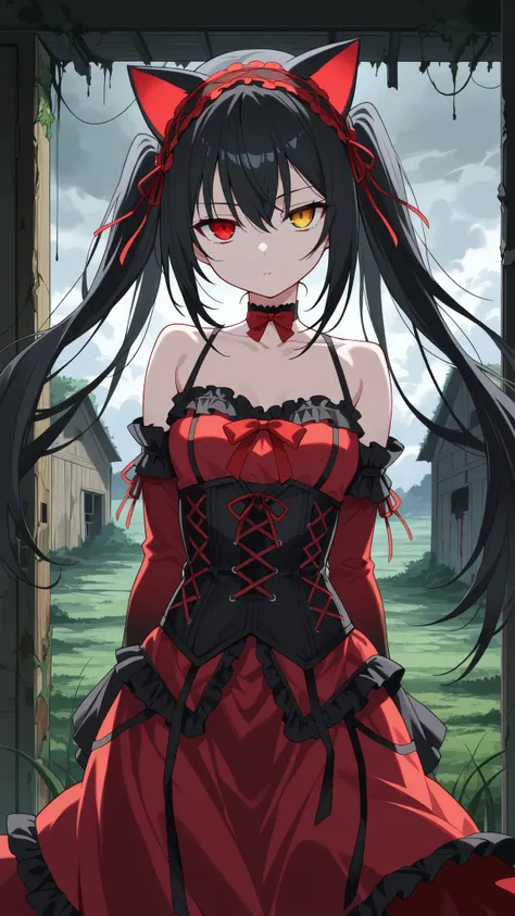 BREAK (masterpiece:1.2), best quality, high resolution, unity 8k wallpaper, (illustration:0.8), overgrown field under storm clouds, old barn with blood splattered on broken doors,faint mist crawling over the grass, eerie silence, ultra detailed horror scen...