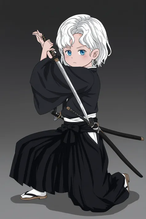 weapon, japanese clothes, sword, kimono, katana, sheath, hakama, black kimono, long sleeves, wide sleeves,,hatieubach, cute pose, white hair, blue eyes, look at viewer