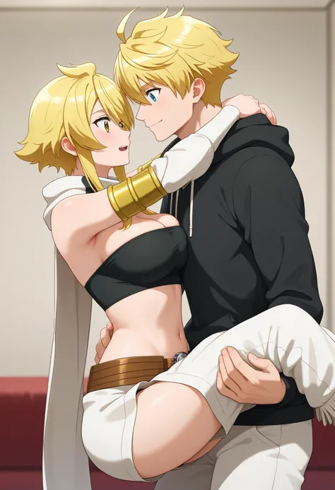 best quality, masterpiece, couple, romantic couple, male and female, Arthur Pendragon, blue eyes, black hoodie, white jeans, blonde, carry Leone in his arms, his expression cold yet determined. Leone gazes up at him in awe, feeling completely safe and cher...