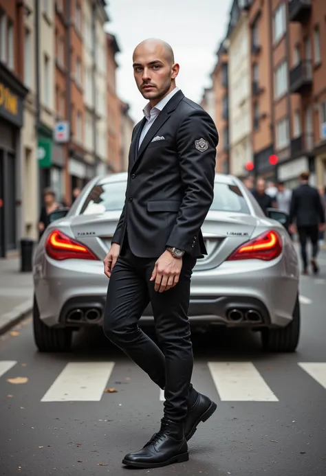 Young bald white European man with an unshaven athletic build dressed in hip-hop style. Standing on a city street near a silver sports car .