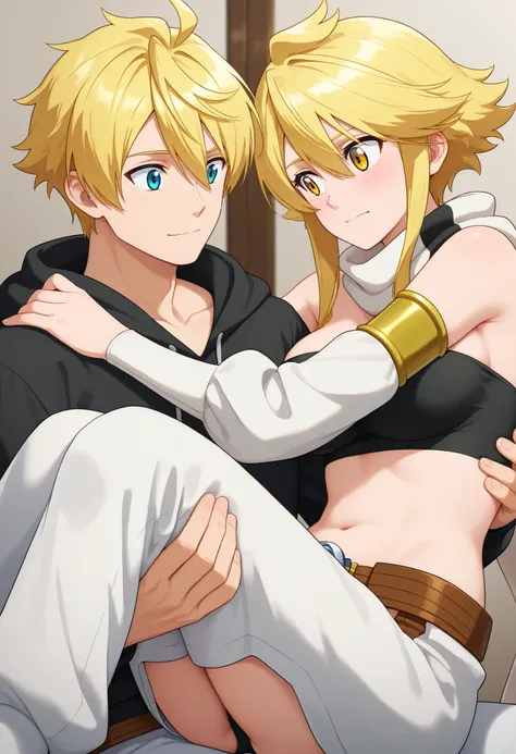 best quality, masterpiece, couple, romantic couple, male and female, Arthur Pendragon, blue eyes, black hoodie, blonde, carry Leone in his arms, his expression soft yet determined. Leone gazes up at him in awe, feeling completely safe and cherished. aaleon...