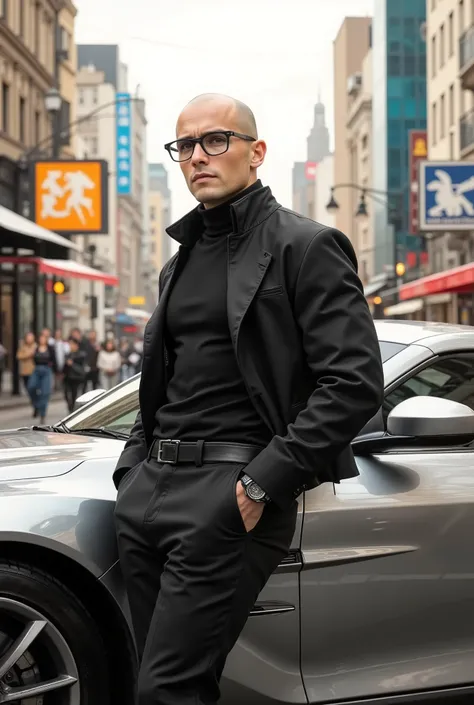 A young bald white European man with athletic build, glasses, stylishly dressed. He stands on a city street, leaning on a silver sports car