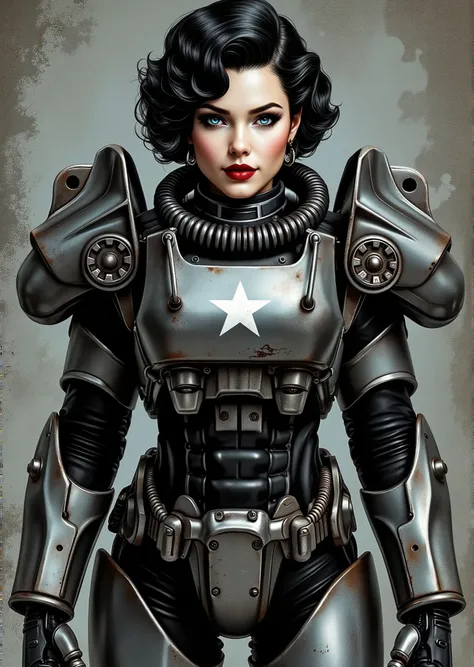 full body shot, armor, t60, robot, An extremely detailed comic book illustration depicting a stunningly beautiful character portrayed by youthful baby faced Gene Tierney tween wearing a retro 50s T-60 power armor mechanized combat suit from the Fallout Vid...