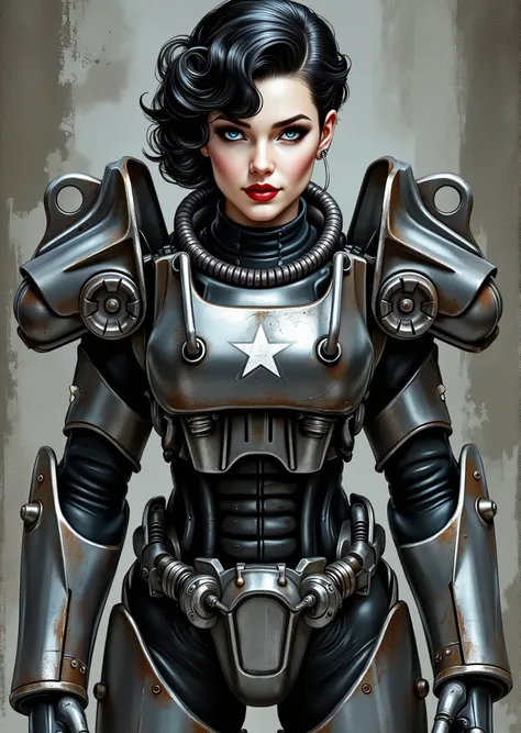 full body shot, armor, t60, robot, An extremely detailed comic book illustration depicting a stunningly beautiful character portrayed by youthful baby faced Gene Tierney tween wearing a retro 50s T-60 power armor mechanized combat suit from the Fallout Vid...