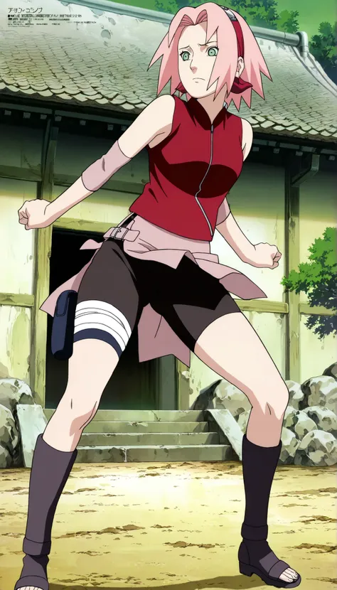 1girl,haruno sakura Fighting posture kicked , BREAK pink hair, short hair, red hairband, green eyes, parted bangs, BREAK red sleeveless minidress, zipper, pink miniskirt, bandaged thigh, BREAK medium breasts, beautiful body, beautiful legs , masterpiece,be...