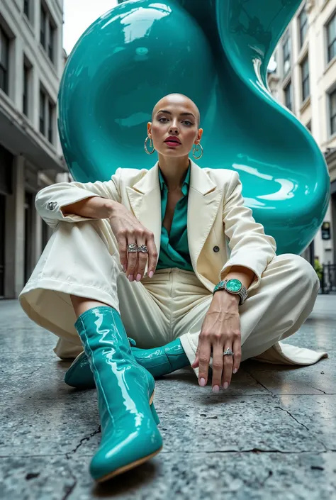 8k, hyper-realistic, photorealistic, hdr,
A hyper-realistic fashion portrait in 8K HDR format, shot in an elegant urban setting at a low angle to emphasize strength and persona. The model, a bald woman with flawless, radiant skin, sits confidently on the p...