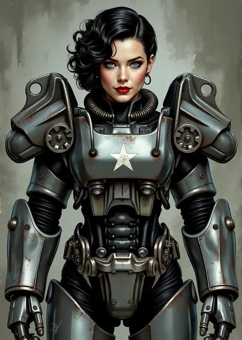 full body shot, armor, t60, robot, An extremely detailed comic book illustration depicting a stunningly beautiful character portrayed by youthful baby faced Gene Tierney tween wearing a retro 50s T-60 power armor mechanized combat suit from the Fallout Vid...