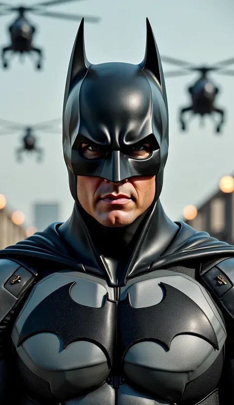 Ultra-realistic 8K cinematic portrait of Tom Cruise as Batman from chest up, military-style Batsuit with dark matte armor and subtle gold trim, reinforced shoulders, hyper-detailed textures, cinematic depth of field, background of a Gotham airfield with he...