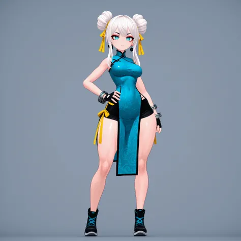 masterpiece, ultra-HD, impressionism, high detail, best quality, very aesthetic, 8k, best quality, beautiful, VRChatStyle, 3D, 1girl, solo, short white hair, hair buns, long locks, yellow ribbons, almond-shaped eyes, turquoise eyes, eyelashes, black eyelin...