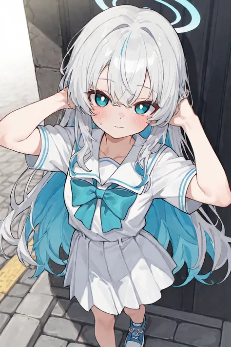 Beautiful anime girl with distinctive silver-white long hair with multicolored streaks (pink, orange, blue highlights), Large, round, droopy eyes with beautiful black pupils  with gentle innocent look, wearing blue and white summer dress or school uniform style outfit, yellow accessories, blue sneakers, youthful face with slight blush on cheeks, standing pose with hand near head in thoughtful gesture, bright sunny outdoor setting with stone pavement, soft natural lighting, high-quality anime art style with detailed character design, unique multicolored hair as signature feature、色々な表情
``` ### **🌟 キャラクター・プロファイル** **名前：** シルヴィア・レインボウ（Sylvia Rainbow）
**年齢：** 16歳
**身長：** 155cm
**性格：** 明るく好奇心旺盛、少し天然だが芯が強い ### **💫 特別な能力・設定** **虹色の髪の秘密：**
- 感情や季節によって髪の色彩が変化する
- 喜びの時：ピンクとオレンジが強く輝く
- 悲しみの時：ブルーとグレーが際立つ
- 怒りの時：レッドとゴールドが燃える
- 平静な時：シルバーベースに全色が調和 **特殊能力：**
- **色彩共感力**：人の感情を色として感じ取る
- **虹の架け橋**：困った人と人を繋ぐ不思議な力
- **天候感知**：髪の色で天気を予知できる ### **🎭 多面的な展開プロンプト集** **日常シーン：**