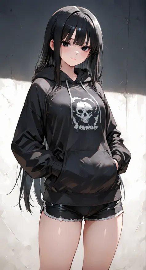 girl, long black hair, black blank hoodie, black shorts, black high thighs, black eyes