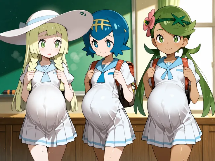 masterpiece, Highest Quality, great quality、(((3 girls)))、3 girls(Water Lily:Lillie:Mao) 、(Water Lily: lana, blue eyes, blue hair, freckles, hairband, short hair, white pupils, yellow hairband, bright pupils,)、(Lillie:long hair、 Gold、sun hat、white hat、Twin...