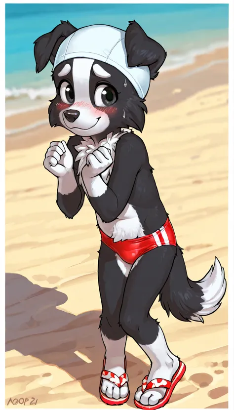 score_9, score_8_up, score_8, 1girl, source_cartoon, source_furry, source_anime, Border collie, Mackenzie, black and white fur, fluffy fur, fluffy neck fur, full body, nervous smile, blush, beach, furry, cub, young, skinny, young teen, full body, sexy pose...