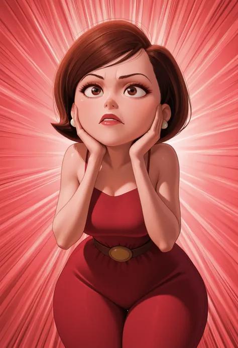 Helen Parr , mature female, brown eyes, big eyes, long eyelashes, medium breasts, narrow waist, thick thighs, huge hips, fair skin, thin hands, earrings, makeup, pink lips, lipstick.| A bald woman wearing a pink spaghetti strap sundress with white frilly t...