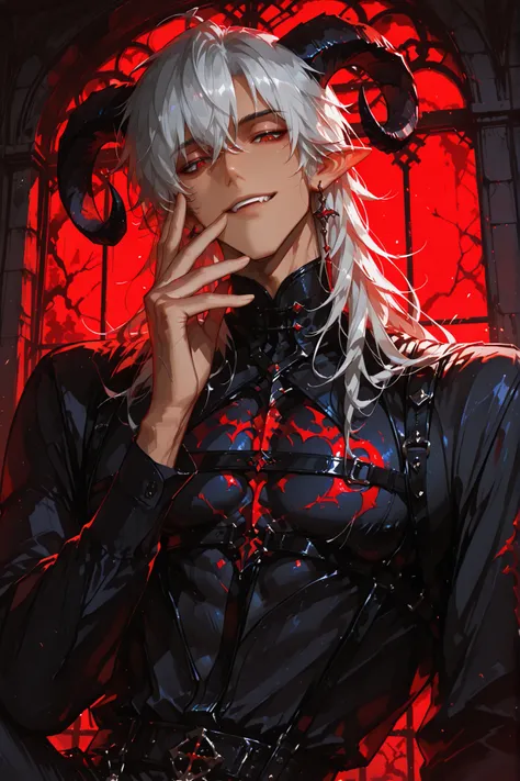 handsome man, 28 years old, fantasy demon lord, with black curled ram horns, tanned skin, short silver hair, sharp red eyes, muscular build, looking down at the viewer as if pinning them down, seductive and slightly ecstatic smile, wearing a black harness ...