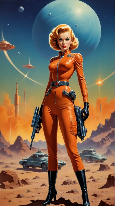 by Angus McKie, .1950's pulp sci-fi female space cadet, holding a ray gun rifle at ready, giant gas planet background,.(professional poster art, bold lines:1.4),.(pulp sci-fi, beautiful, intricate details, masterpiece, best quality:1.4),.cinematic full bo...